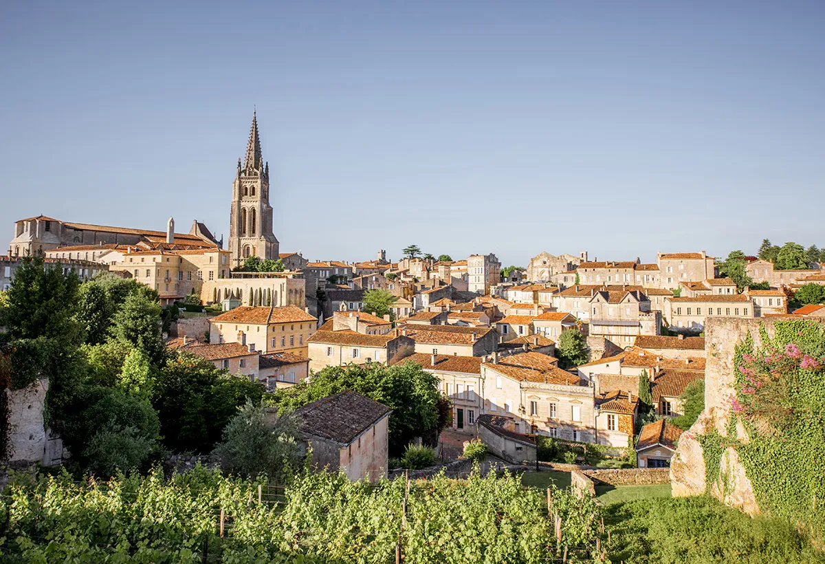 Historic village of Saint-Émilion surrounded by vineyards in Southwest France
